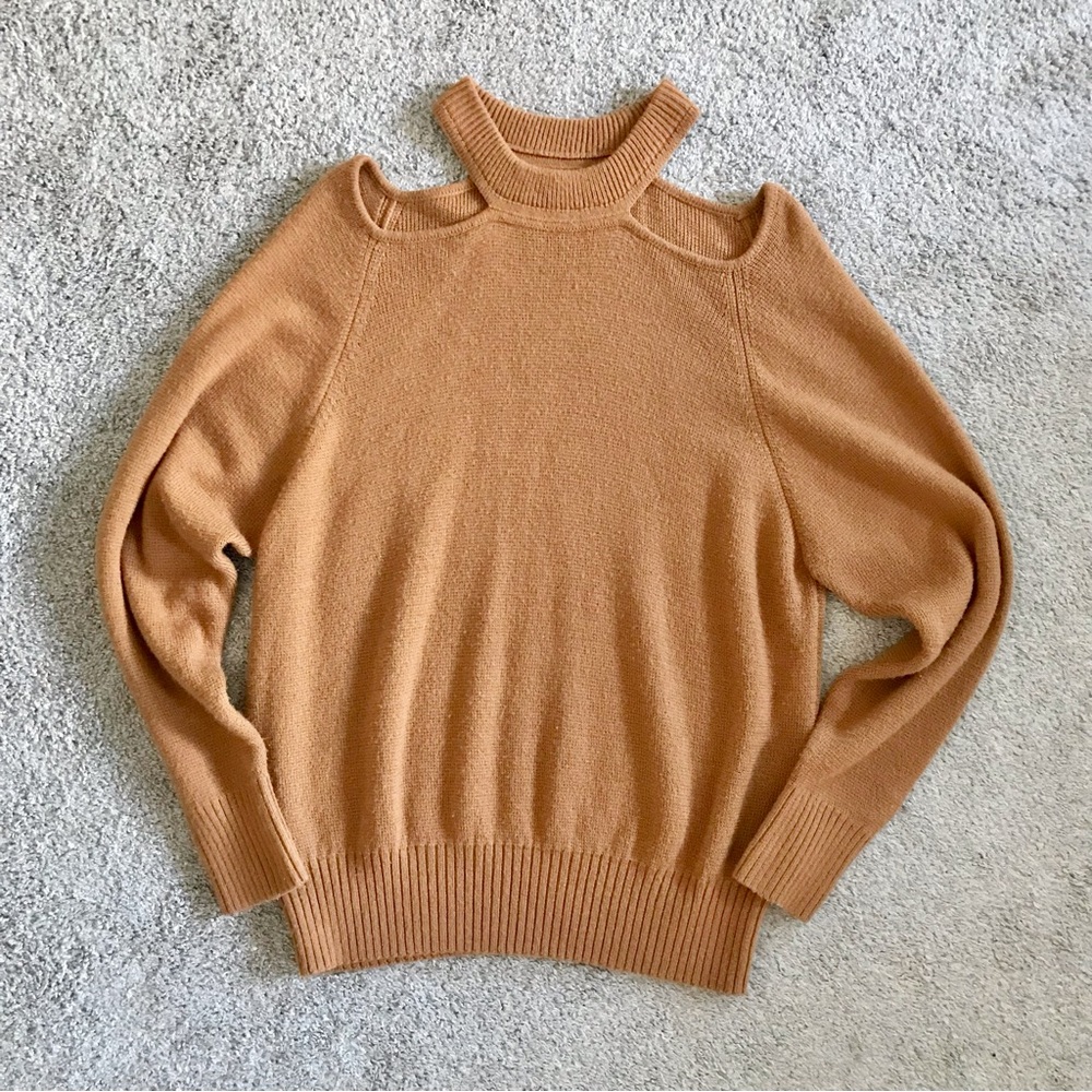 Jason Wu Camel Cut Out Shoulder Sweater Size Large Merino Wool Blend Tan Brown